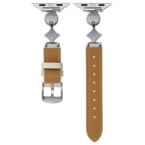 For Apple Watch 10 42mm / 9 8 7 41mm / SE (2023) SE (2022) SE 6 5 4 40mm / 3 2 1 38mm Leather Watch Band with Floral Connector - Brown / White Silver