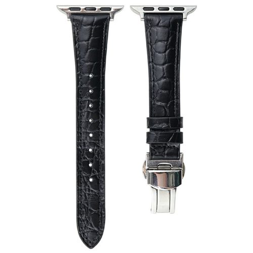 For Apple Watch 10 46mm / Ultra 2 / Ultra 49mm / 9 8 7 45mm / SE (2023) SE (2022) SE 6 5 4 44mm / 3 2 1 42mm Crocodile Texture Leather Strap - Black