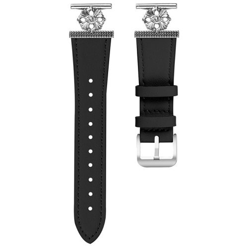 For Huawei Watch 2 Watch Band Genuine Cow Leather Flower Decor Adjustable Strap - Black