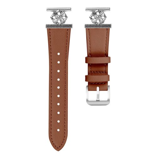 For Garmin Approach S40 / Forerunner 158 Watch Band Genuine Cow Leather Flower Decor Adjustable Strap - Brown