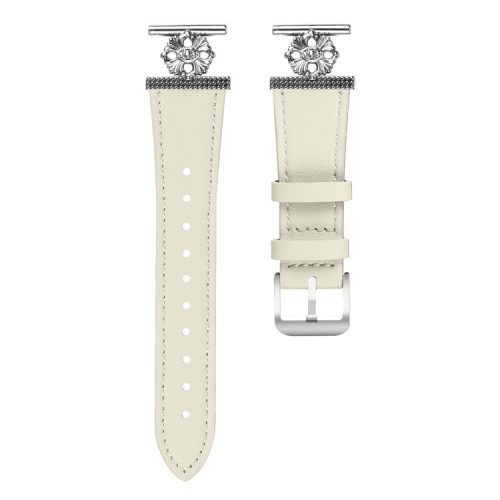 For Garmin Approach S40 / Forerunner 158 Watch Band Genuine Cow Leather Flower Decor Adjustable Strap - White