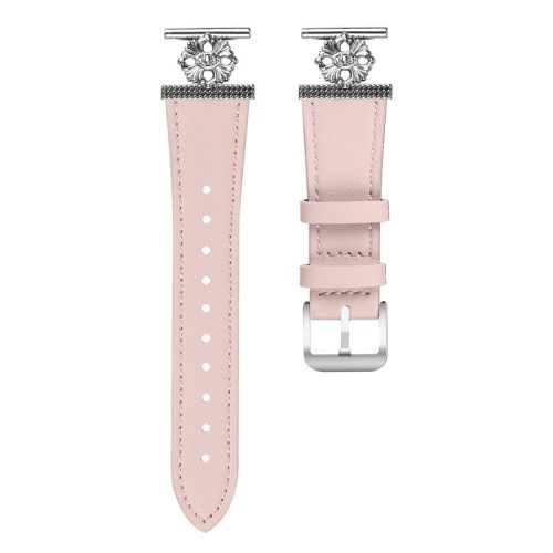 For Garmin Approach S40 / Forerunner 158 Watch Band Genuine Cow Leather Flower Decor Adjustable Strap - Pink