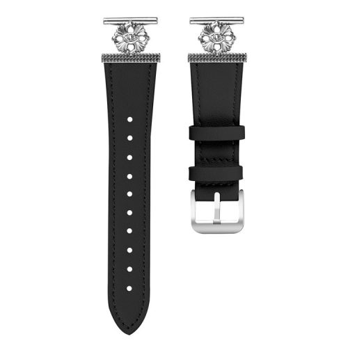 For Garmin Approach S40 / Forerunner 158 Watch Band Genuine Cow Leather Flower Decor Adjustable Strap - Black