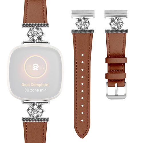 For Fitbit Versa 3 / Sense Watch Band Genuine Cow Leather Flower Decor Adjustable Strap - Brown