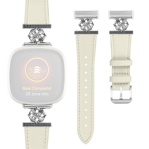 For Fitbit Versa 3 / Sense Watch Band Genuine Cow Leather Flower Decor Adjustable Strap - White