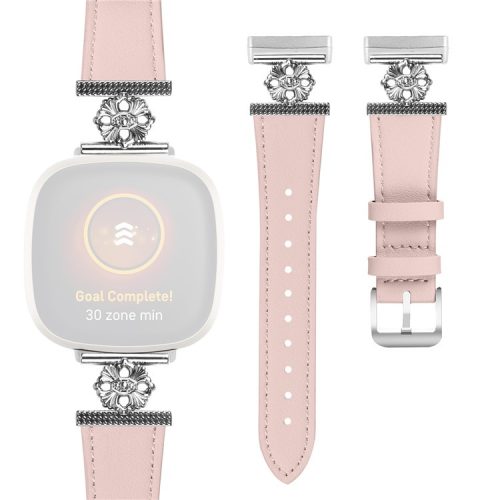 For Fitbit Versa 3 / Sense Watch Band Genuine Cow Leather Flower Decor Adjustable Strap - Pink