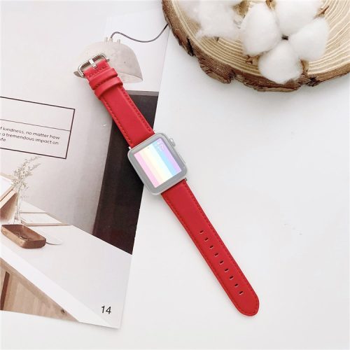 22mm Solid Color Genuine Leather Watch Band for Apple Watch Series 10 42mm / 9 8 7 41mm / 6 5 4 SE SE (2022) SE (2023) 40mm / 3 2 1 38mm - Red