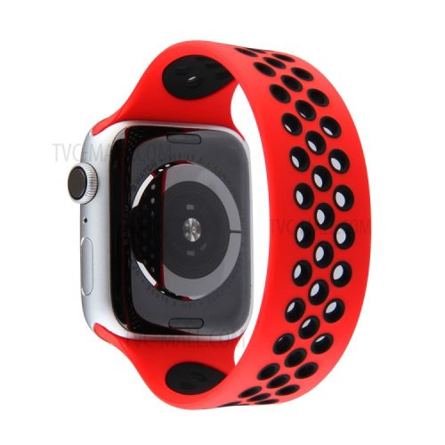 Dual Color Round Holes Silicone Smart Watch Strap Replacement Watchband [Size: S] for Apple Watch Series 10 42mm / 9 8 7 41mm / 6 5 4 SE SE (2022) SE (2023) 40mm / 3 2 1 38mm - Black / Red