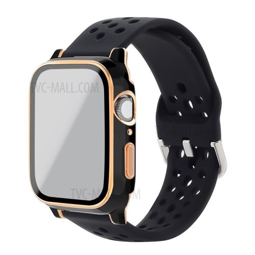 Well-Protected Electroplating Cover + Tempered Glass Film + Silicone Watchband for Apple Watch Series 3 / 2 / 1 38mm - Black / Black / Black+Rose Gold