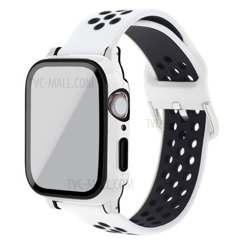 Well-Protected Electroplating Cover + Tempered Glass Film + Silicone Watchband for Apple Watch Series 3 / 2 / 1 38mm - White / Black / White+Black