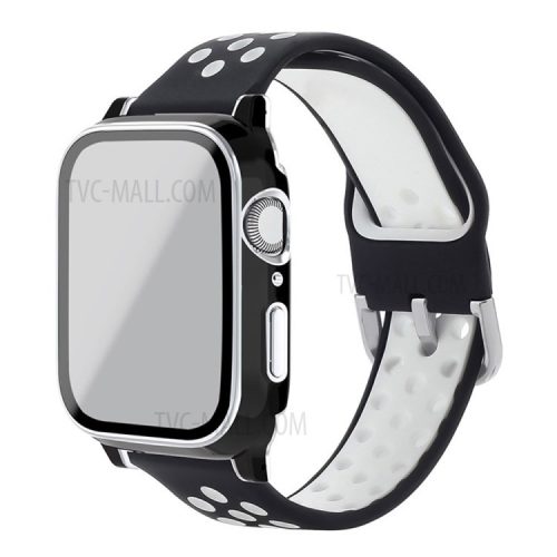 Well-Protected Electroplating Cover + Tempered Glass Film + Silicone Watchband for Apple Watch Series 3 / 2 / 1 38mm - Black / White / Black+White