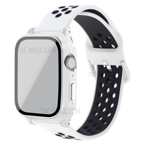 Well-Protected Electroplating Cover + Tempered Glass Film + Silicone Watchband for Apple Watch Series 3 / 2 / 1 38mm - White / Black / White