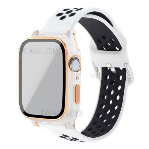 Well-Protected Electroplating Cover + Tempered Glass Film + Silicone Watchband for Apple Watch Series 3 / 2 / 1 38mm - White / Black / White+Rose Gold