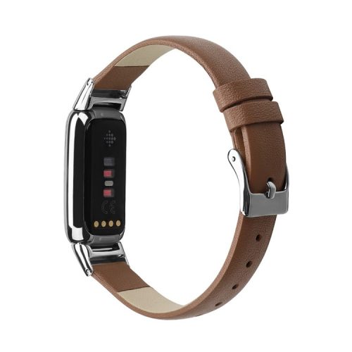 Genuine Leather Watch Strap Adjustable Watchband Replacement, Size L (14.3+9.4cm) for Fitbit Luxe - Brown