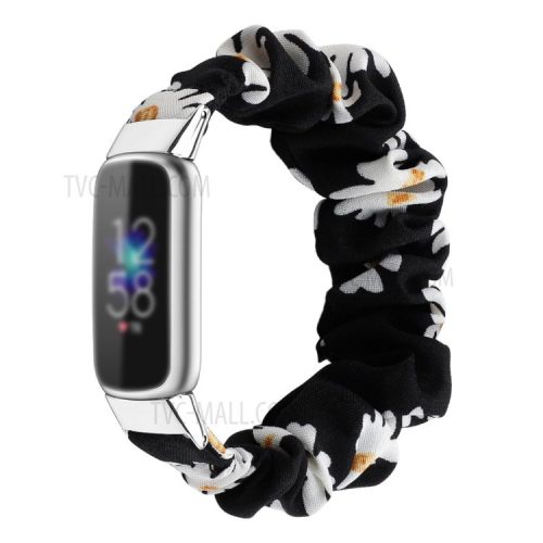 Scrunchie Elastic Watch Band Cloth Hair Rubber Band Strap Bracelet for Fitbit Luxe Special Edition - Sunflowers-on-Black Background/S