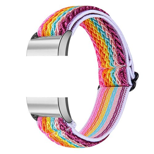 Braided Nylon Solo Loop Watch Strap Adjustable Elastic Wristband Replacement for Fitbit Charge 2 - Rainbow