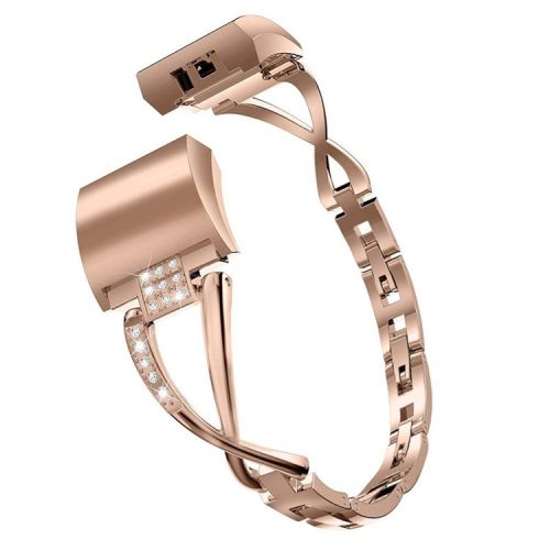 Aluminum Alloy X-shaped Watch Strap with Rhinestones Decor Smart Watch Band Wrist Strap for Fitbit Charge 6 / 5 - Rose Gold