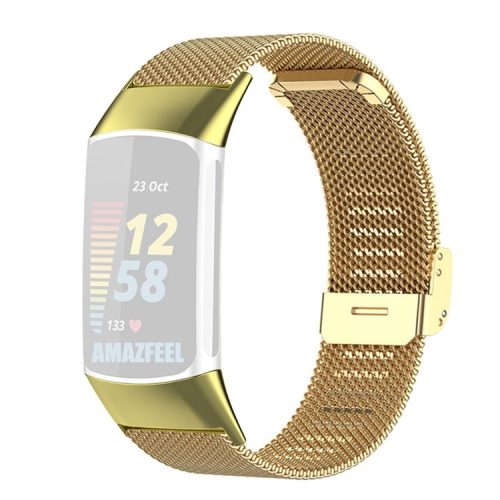 For Fitbit Charge 6 / 5 Adjustable Milanese Watchband Luxurious Metal Mesh Watch Strap Replacement Wristband - Gold