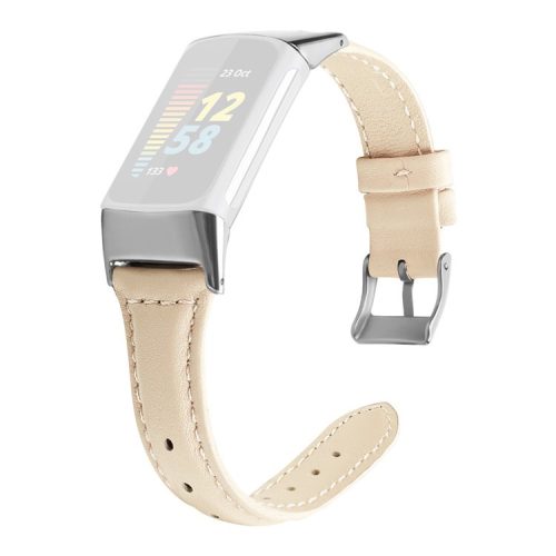 Size S Top Layer Cowhide Genuine Leather Smart Watch Band Adjustable Slim Strap for Fitbit Charge 6 / 5 - Apricot