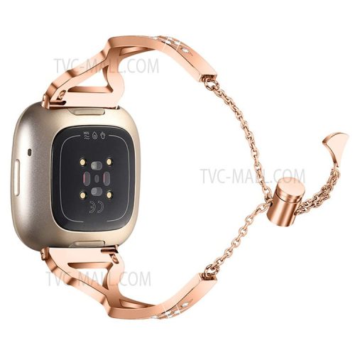 Hollow Out Rhinestone Decor 304 Stainless Steel Smart Watch Strap Women Slide Bracelet Wristband for Fitbit Versa 3/Fitbit Sense - Rose Gold