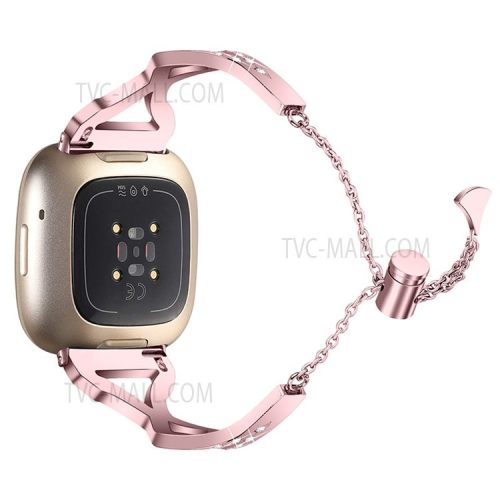 Hollow Out Rhinestone Decor 304 Stainless Steel Smart Watch Strap Women Slide Bracelet Wristband for Fitbit Versa 3/Fitbit Sense - Rose Pink