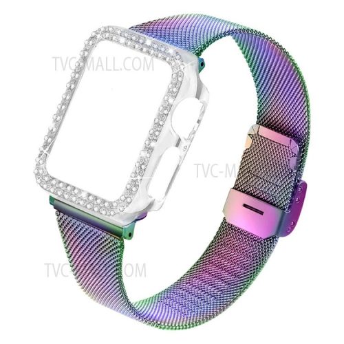 Adjustable Buckle Closure Stainless Steel Milanese Smart Watch Wristband Replacement + Rhinestone Watch Protective Case for Apple Watch Series 3/2/1 42mm - Multi-color