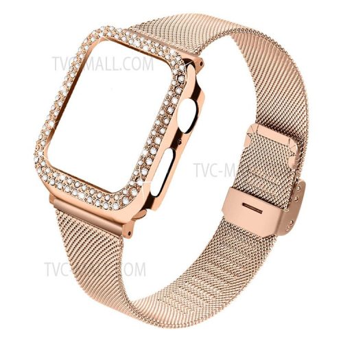 Adjustable Buckle Closure Stainless Steel Milanese Smart Watch Wristband Replacement + Rhinestone Watch Protective Case for Apple Watch Series 3/2/1 42mm - Rose Gold