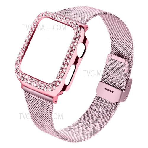 Adjustable Buckle Closure Stainless Steel Milanese Smart Watch Wristband Replacement + Rhinestone Watch Protective Case for Apple Watch Series 3/2/1 42mm - Rose Pink