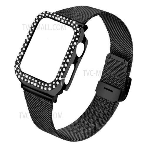 Adjustable Buckle Closure Stainless Steel Milanese Smart Watch Wristband Replacement + Rhinestone Watch Protective Case for Apple Watch Series 3/2/1 42mm - Black