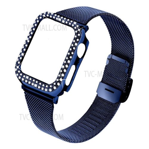 Adjustable Buckle Closure Stainless Steel Milanese Smart Watch Wristband Replacement + Rhinestone Watch Protective Case for Apple Watch Series 3/2/1 42mm - Blue