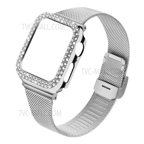 Buckle Closure Freely-Adjust Design Stainless Steel Milanese Smart Watch Wristband Replacement + Rhinestone Watch Protective Case for Apple Watch Series 3/2/1 42mm - Silver