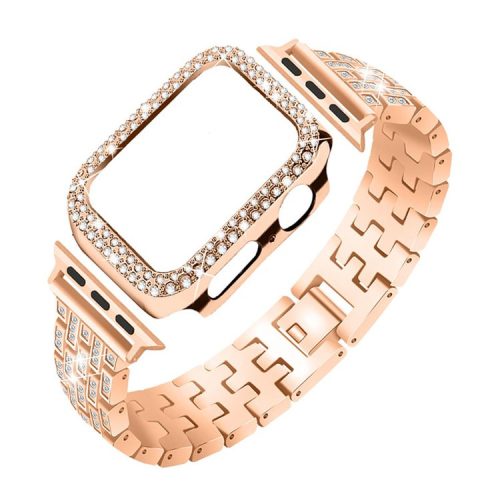 Five Beads Rhinestone Metal Watch Band + Anti-fall Protective Cover Case for Apple Watch SE 40mm Series 6/5/4 40mm - Rose Gold