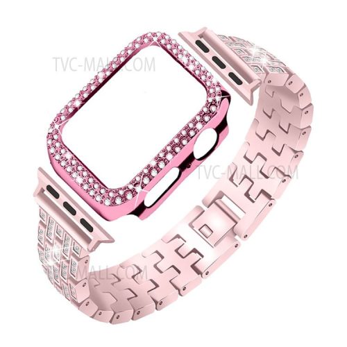 Five Beads Rhinestone Metal Watch Band + Anti-fall Protective Cover Case for Apple Watch SE 40mm Series 6/5/4 40mm - Rose Pink