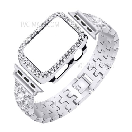 Five Beads Rhinestone Metal Watch Band + Anti-fall Protective Cover Case for Apple Watch SE 40mm Series 6/5/4 40mm - Silver