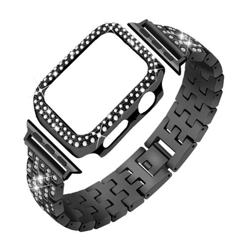 Five Beads Rhinestone Metal Watch Band + Anti-fall Protective Cover Case for Apple Watch SE 40mm Series 6/5/4 40mm - Black