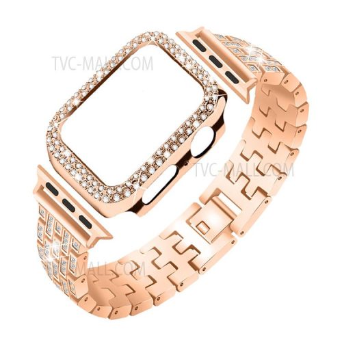 Five Beads Metal Smart Watch Band Wrist Strap + Rhinestone Decor Watch Case for Apple Watch SE 44mm / SE (2022) 44mm / SE (2022) 44mm Series 6 / 5 / 4 44mm - Rose Gold