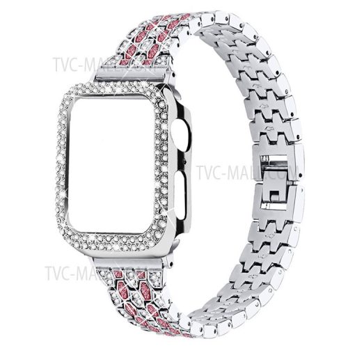 Five Beads Rhinestone Metal Watchband Strap + Anti-scratch Protective Watch Cover Case for Apple Watch Series 3/2/1 42mm - Silver/Rose/Silver