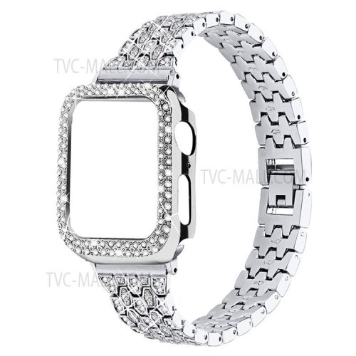 Five Beads Rhinestone Metal Watchband Strap + Anti-scratch Protective Watch Cover Case for Apple Watch Series 3/2/1 42mm - Silver/Transparent/Silver