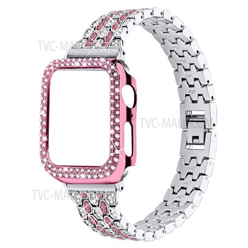 Five Beads Rhinestone Metal Watchband Strap + Anti-scratch Protective Watch Cover Case for Apple Watch Series 3/2/1 42mm - Silver/Rose/Rose Pink