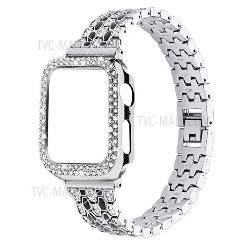 Five Beads Rhinestone Metal Watchband Strap + Anti-scratch Protective Watch Cover Case for Apple Watch Series 3/2/1 42mm - Silver/Black/Silver