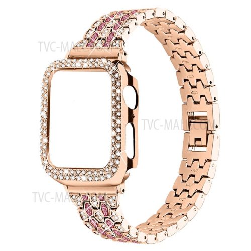 Five Beads Rhinestone Metal Watchband Strap + Anti-scratch Protective Watch Cover Case for Apple Watch Series 3/2/1 42mm - Rose Gold/Rose/Rose Gold