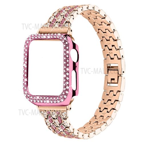 Five Beads Rhinestone Metal Watchband Strap + Anti-scratch Protective Watch Cover Case for Apple Watch Series 3/2/1 42mm - Rose Gold/Rose/Rose Pink