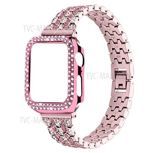 Five Beads Rhinestone Metal Watchband Strap + Anti-scratch Protective Watch Cover Case for Apple Watch Series 3/2/1 42mm - Rose Pink/Rose/Rose Pink