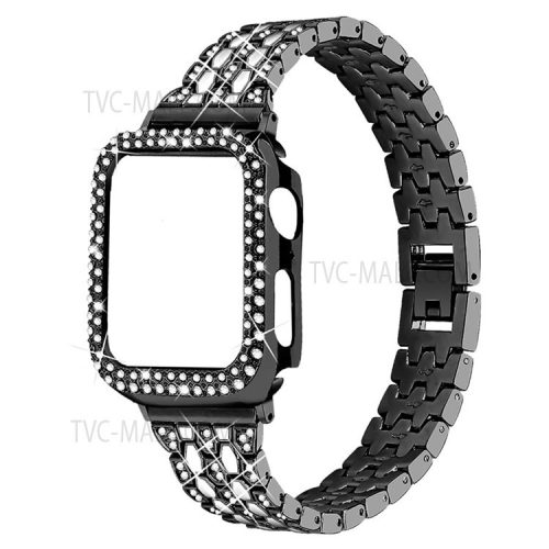 Five Beads Rhinestone Metal Watchband Strap + Anti-scratch Protective Watch Cover Case for Apple Watch Series 3/2/1 42mm - Black/White/Black