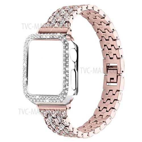 Five Beads Rhinestone Metal Watchband Strap + Anti-scratch Protective Watch Cover Case for Apple Watch Series 3/2/1 42mm - Pink Gold/Transparent/Transparent