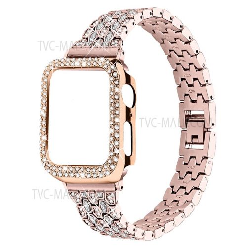 Five Beads Rhinestone Metal Watchband Strap + Anti-scratch Protective Watch Cover Case for Apple Watch Series 3/2/1 42mm - Pink Gold/Transparent/Rose Gold