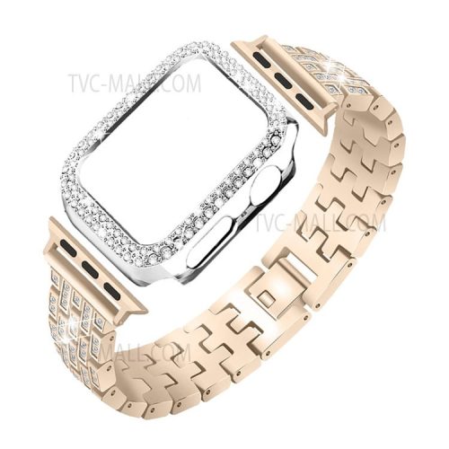 5 Beads Rhinestone Decor Stainless Steel Watch Strap + PC Watch Case Protective Cover for Apple Watch Series 7 45mm - Gold