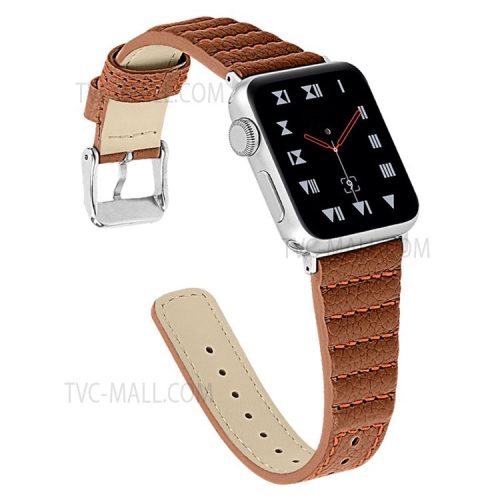 Wave Texture Cowhide Genuine Leather Smart Watch Strap Watchband for Apple Watch Series 10 46mm / Ultra 2 Ultra 49mm / 9 8 7 45mm / SE (2023) SE (2022) SE 6 5 4 44mm / 3 2 1 42mm - Brown