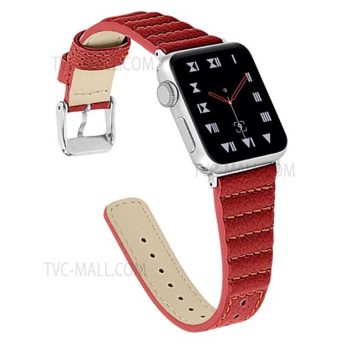 Wave Texture Cowhide Genuine Leather Smart Watch Strap Watchband for Apple Watch Series 10 46mm / Ultra 2 Ultra 49mm / 9 8 7 45mm / SE (2023) SE (2022) SE 6 5 4 44mm / 3 2 1 42mm - Red