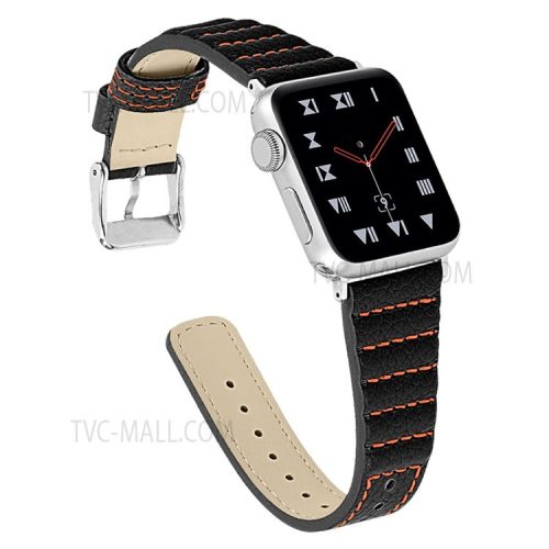 Wave Texture Cowhide Genuine Leather Smart Watch Strap Watchband for Apple Watch Series 10 46mm / Ultra 2 Ultra 49mm / 9 8 7 45mm / SE (2023) SE (2022) SE 6 5 4 44mm / 3 2 1 42mm - Black